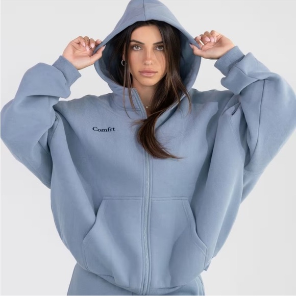 Comfrt Tops - Comfrt Cloud Zip Up Hoodie Blue Willow Unisex Heavyweight Sweater
